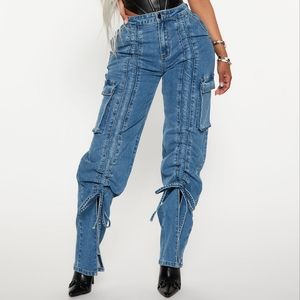 New! In A Cinch Slit Tie Hem Denim Utility Cargo Pocket Jeans